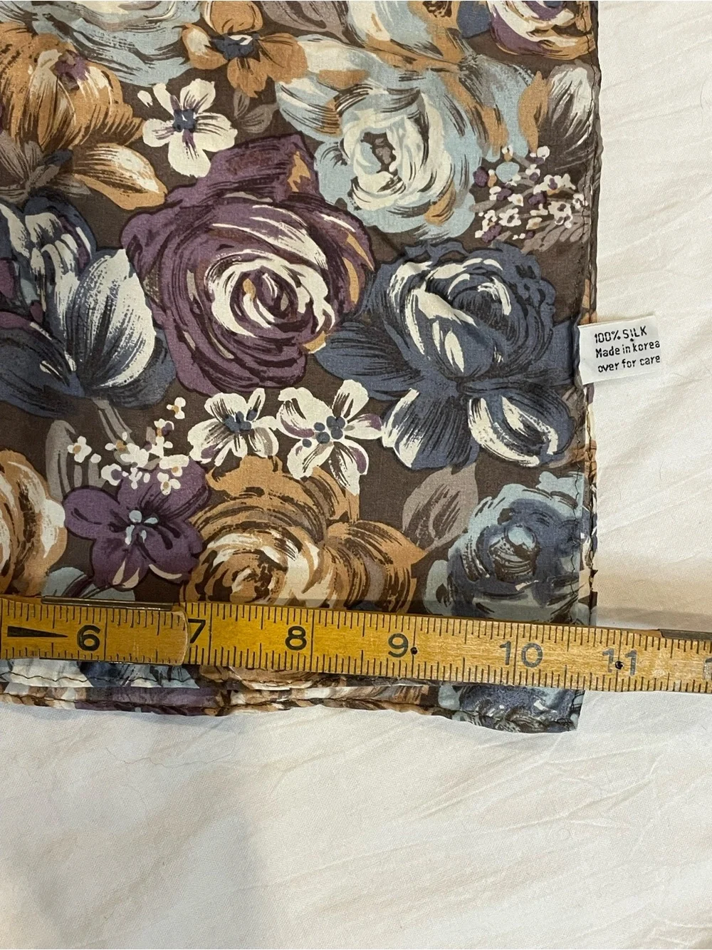 Vintage 100% Silk Floral Oblong Scarf Blue Purple Taupe 11” x 52” - Picture 6 of 7